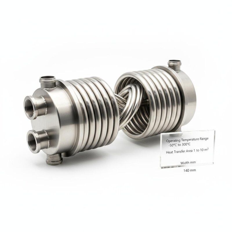 Коаксиальный теплообменник с диапазоном температуры работы от -50°C до 300°C и площадью теплопередачи от 1 до 10 квадратных метров в компактной ширине 140 мм